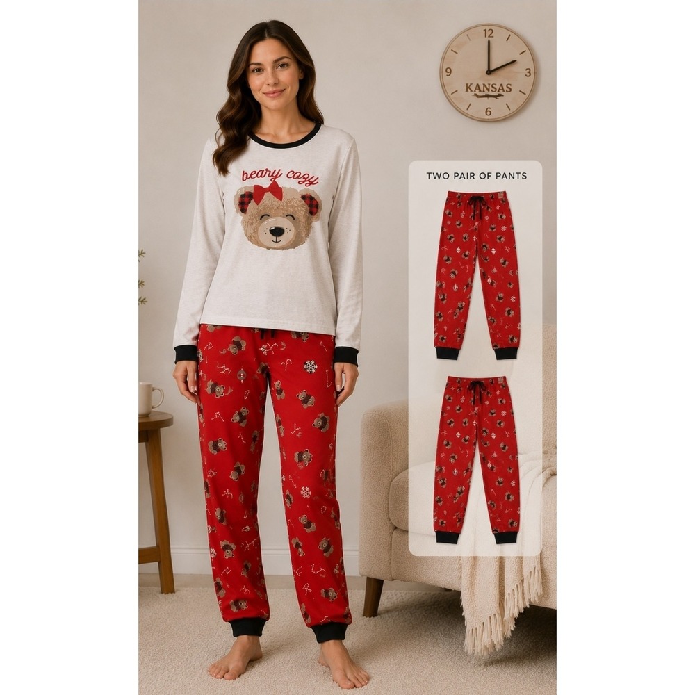 NWT Dearfoams Womens 2X Pajama Set 3Pc - Christmas Cozy Teddy Bear 1 Top 2 Pants